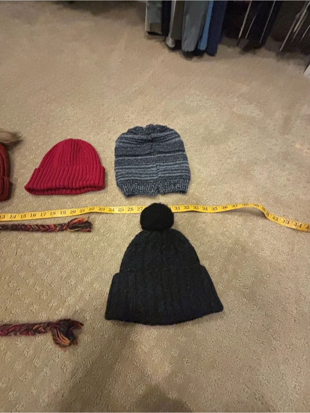 Lot of 7 Knit Beanies and Earflap Hat - Red, Gray, Black, Orange